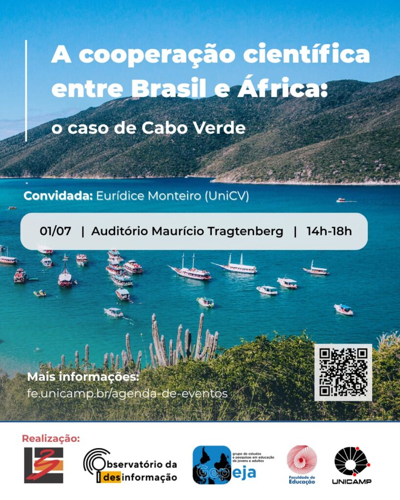 Cartaz do evento com fundo fotográfico mostrando barcos coloridos no mar azul, rodeado por colinas verdes. O texto principal diz: A cooperação científica entre Brasil e África: o caso de Cabo Verde