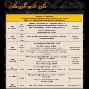 Card da Semana 3 – Orixá Oxum na UFCAT. A parte superior mostra logotipos institucionais da UFCAT (SEAF, PROEC, FaE e INHCS). No centro, um quadro dourado apresenta o tema da semana: “Arte, Cultura e Economia Solidária Quilombola”, com informações sobre cor, elemento e erva associados ao Orixá Oxum. Abaixo, uma tabela com datas, horários, títulos de atividades, facilitadores e locais: palestras, mesa-redonda, oficina de grafite, feira agroecológica, roda de conversa e o Encontro com as Escolas da Educação Básica com Dr. Odair Marques da Silva na FLIG. Fim da descrição.