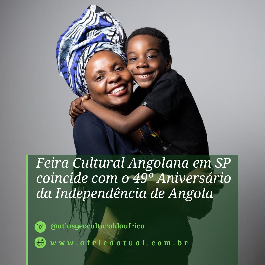 Mulher sorrindo enquanto abraça uma criança, ambos transmitindo alegria e conexão familiar. A mulher usa um turbante tradicional africano com estampas, representando a celebração da cultura angolana. Texto sobre a Feira Cultural Angolana em São Paulo aparece no rodapé.