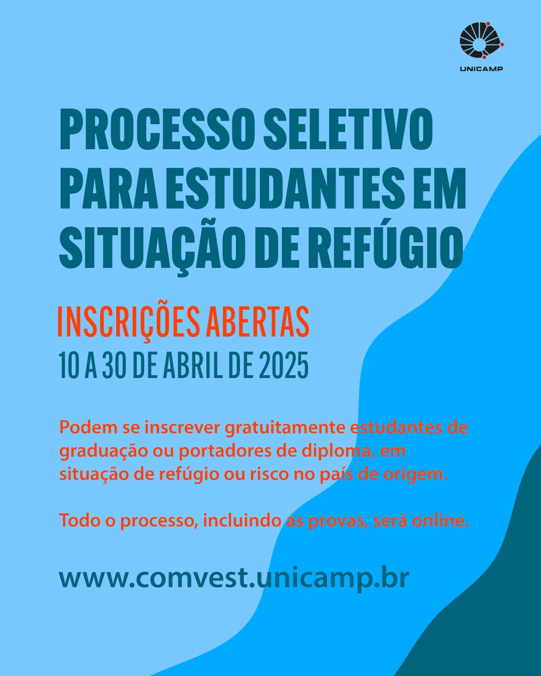 Imagem de divulgação do processo seletivo da Unicamp para estudantes em situação de refúgio. O título "PROCESSO SELETIVO PARA ESTUDANTES EM SITUAÇÃO DE REFÚGIO" está em destaque, com as inscrições abertas de 10 a 30 de abril de 2025. A imagem informa que podem se inscrever gratuitamente estudantes de graduação ou portadores de diploma em situação de refúgio ou risco no país de origem. Todo o processo, incluindo as provas, será realizado online. O link do site "www.comvest.unicamp.br" também está presente.
