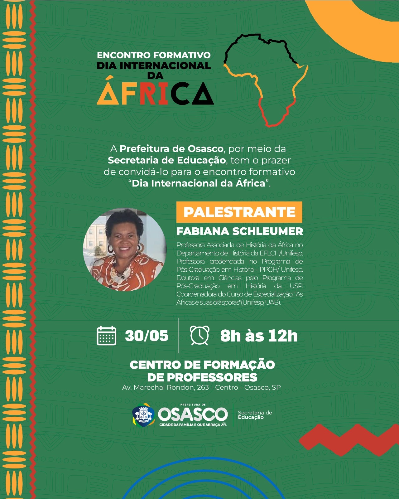 Cartaz do Encontro Formativo do Dia Internacional da África com foto da palestrante Fabiana Schleumer e informações do evento em Osasco.