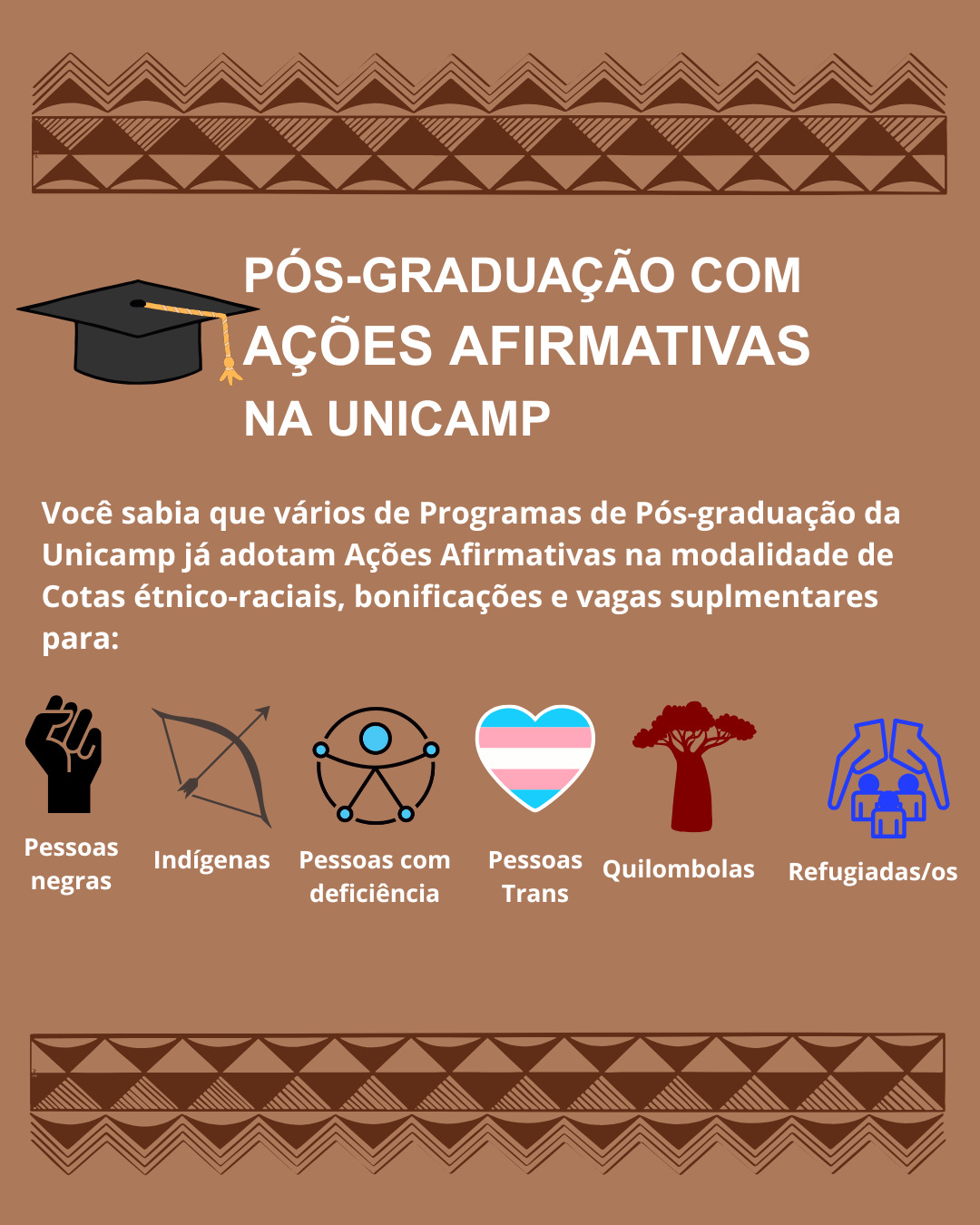 Card com as informações: PÓS-GRADUAÇÃO COM AÇÕES AFIRMATIVAS NA UNICAMP Você sabia que vários de Programas de Pós-graduação da Unicamp já adotam Ações Afirmativas na modalidade de Cotas étnico-raciais, bonificações e vagas suplmentares para: Pessoas Indígenas Pessoas com negras deficiência Pessoas Quilombolas Refugiadas/os Trans