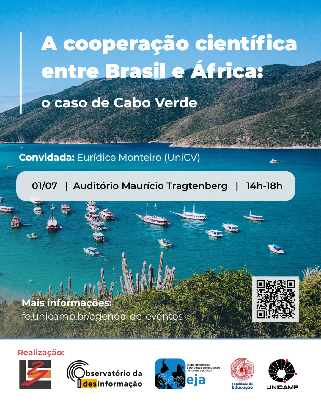 Cartaz do evento com fundo fotográfico mostrando barcos coloridos no mar azul, rodeado por colinas verdes. O texto principal diz: A cooperação científica entre Brasil e África: o caso de Cabo Verde