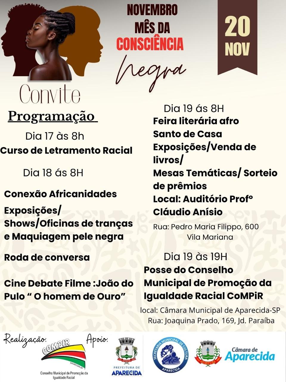 Convite visual da Semana da Consciência Negra em Aparecida, com a imagem de uma mulher negra em perfil e a programação dos dias 17 a 20 de novembro, incluindo cursos, feira literária, exposições, rodas de conversa, oficinas e posse do CoMPIR. Fim da descrição.