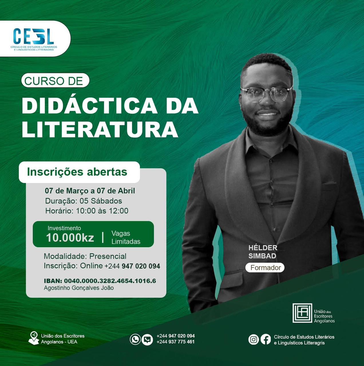 Curso de Didática da Literatura em Angola com Hélder Simbad, inscrições abertas para formação presencial promovida pelo CESL e União dos Escritores Angolanos.