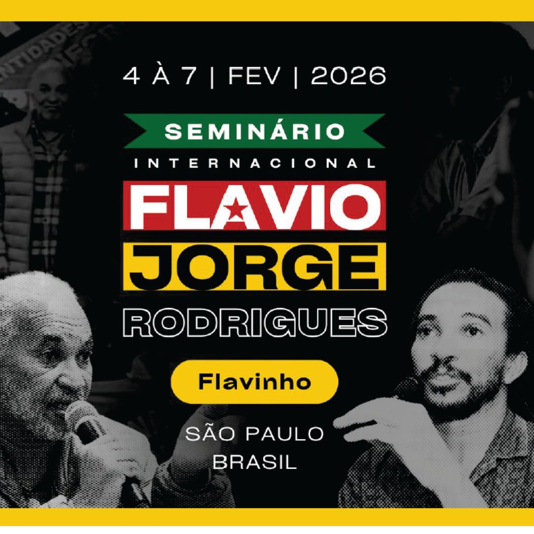 Cartaz do Seminário Internacional Flávio Jorge Rodrigues (Flavinho), realizado de 4 a 7 de fevereiro de 2026, em São Paulo, Brasil.